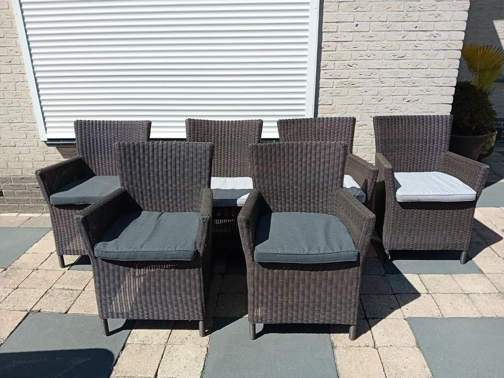 6x wicker tuinstoel incl kussens, Ophalen, Gebruikt, Wicker