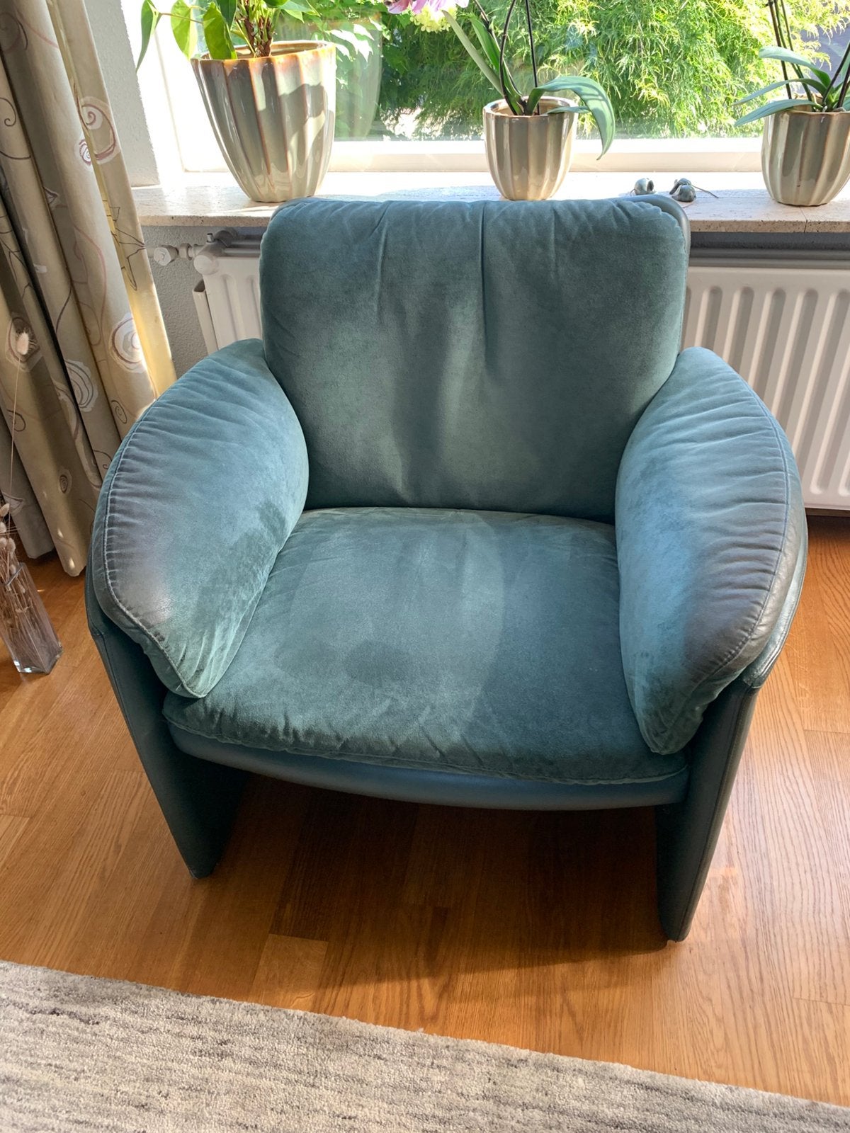 Leolux fauteuil catalpa.  leer/ alcantara groen, Ophalen, Gebruikt, Minder dan 150 cm, Leer