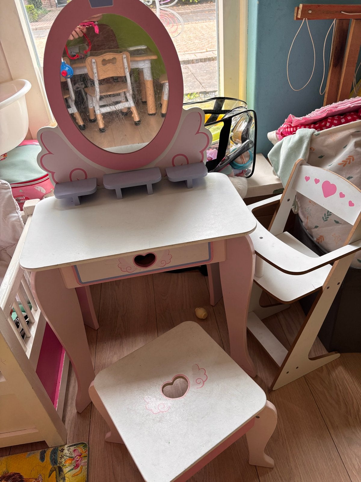 Roze make-up tafel met spiegel en krukje, Ophalen, Gebruikt, Tafel