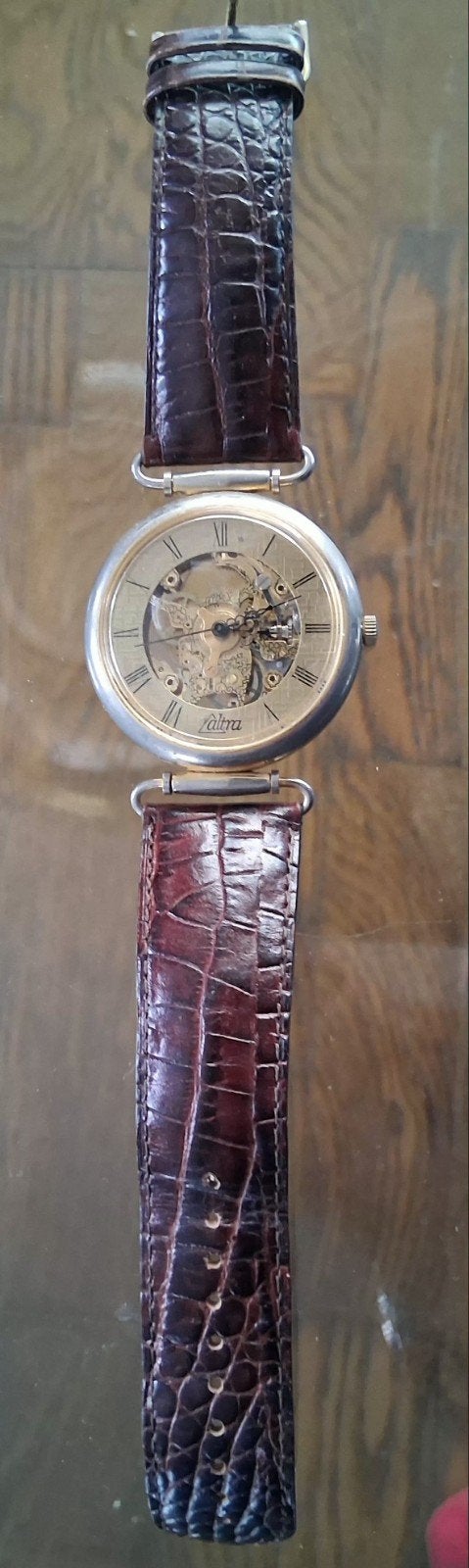 mooi vintage mechanisch skeleton horloge, Verzenden, Gebruikt, Leer, Overige merken