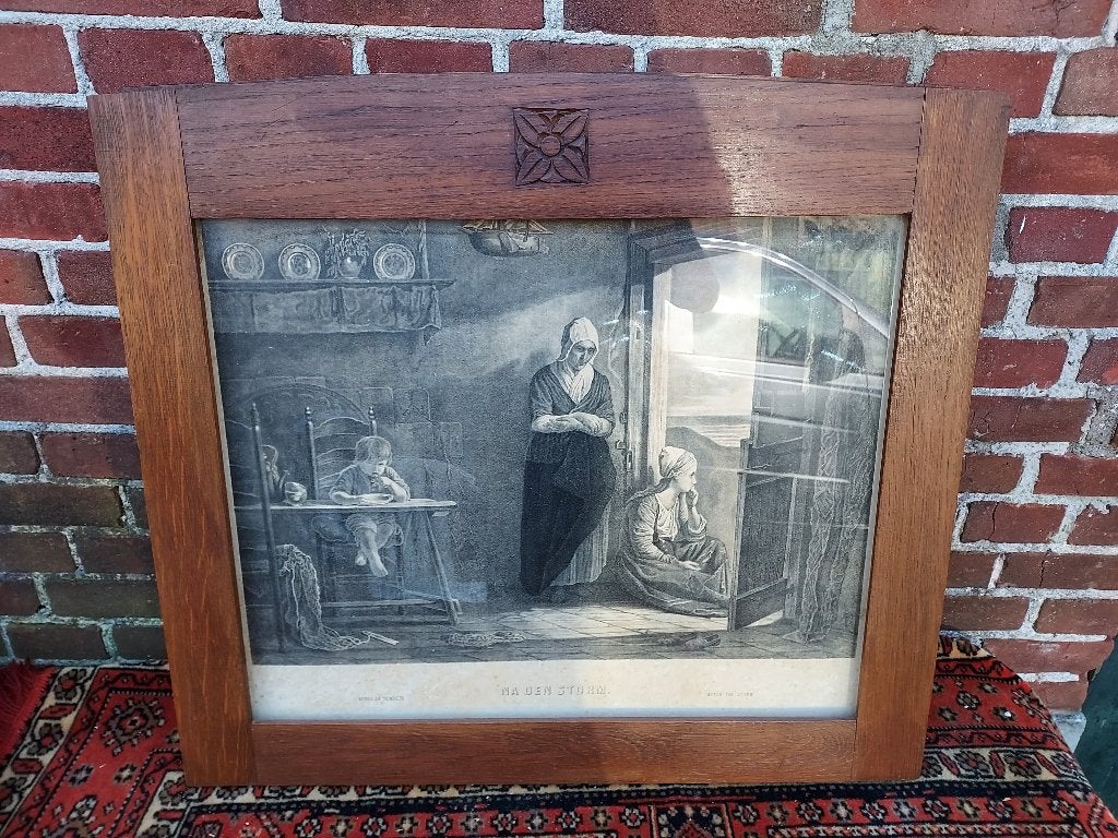 Antieke gravure, "Na den storm" in eiken lijst a/g., Antiek en Kunst, Dagelijks leven, Ingelijst, 1800 - 1899, 65 cm