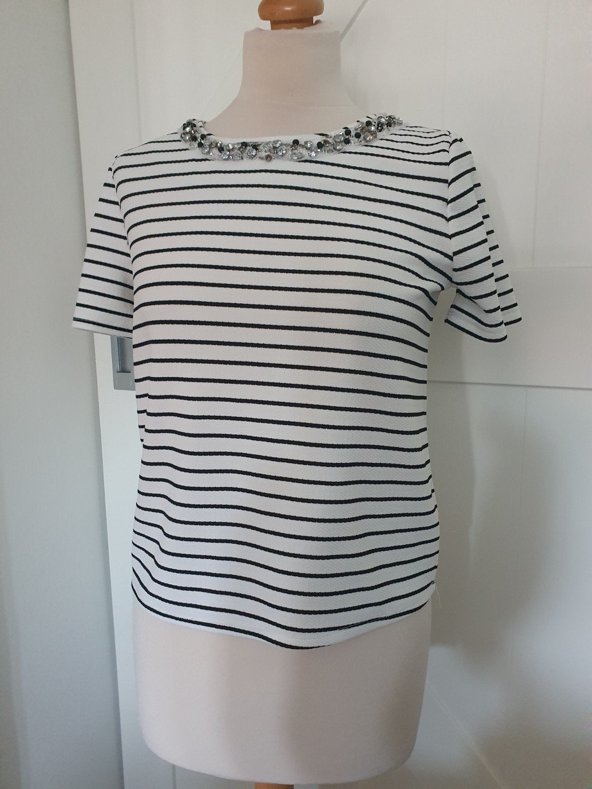 Pimkie gestreept T-shirt met kraagversiering, Wit, Ophalen of Verzenden, Zo goed als nieuw, Maat 36 (S)