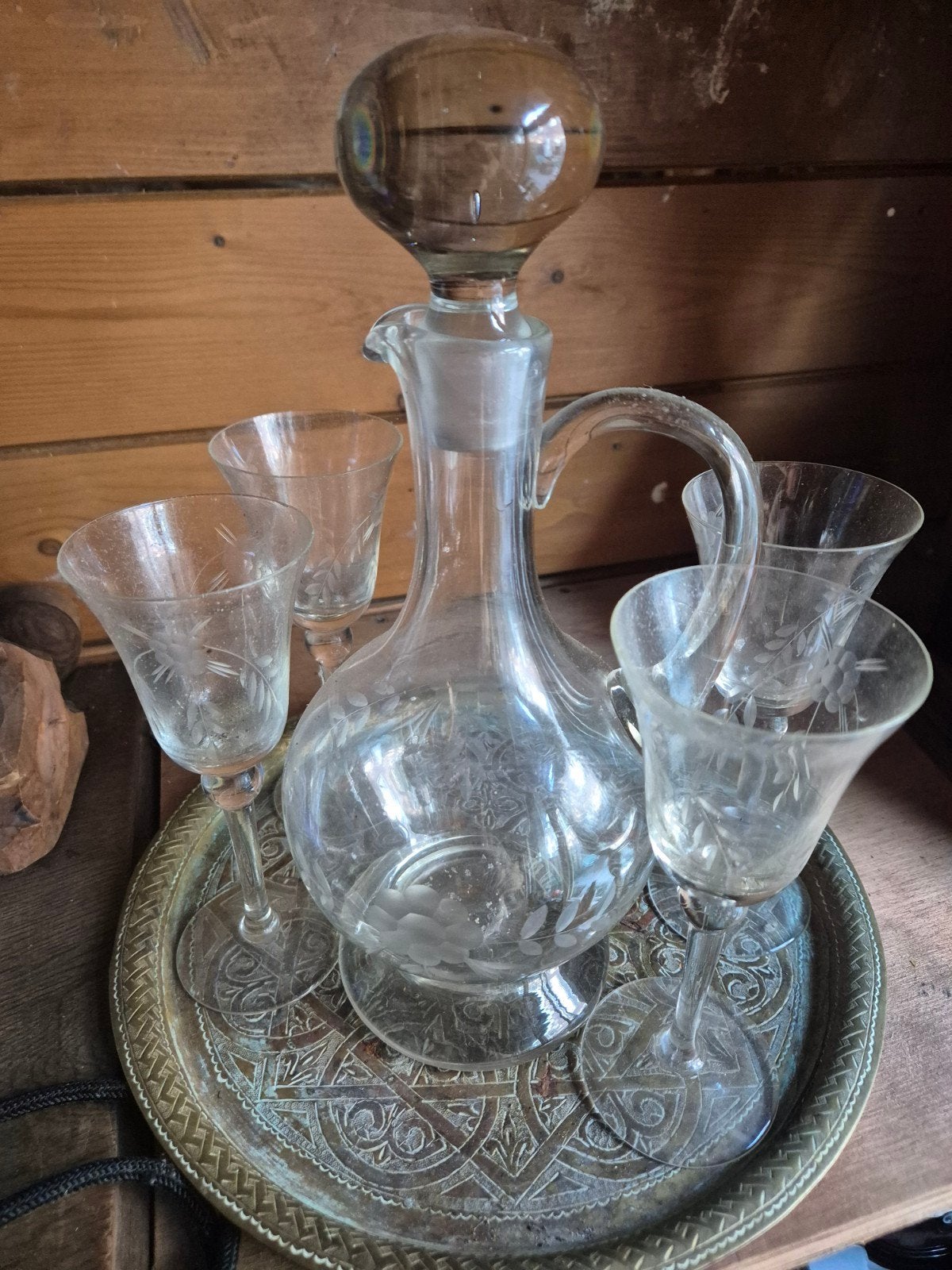 Vintage Glazen Karaf Set met Dienblad, Antiek en Kunst, Ophalen