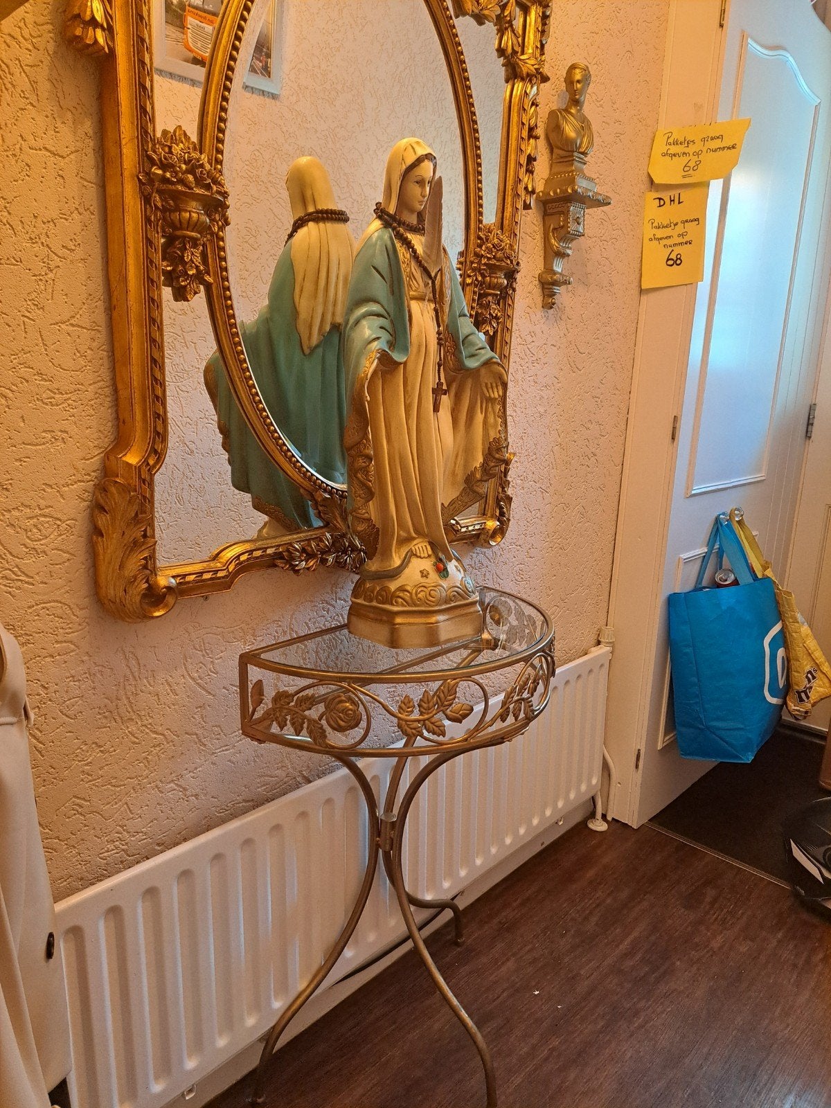 Gouden Halve Maan Console Tafel met Glasplaat, Gebruikt, Metaal of Aluminium, Klassiek, Decoratief, 75 cm of meer