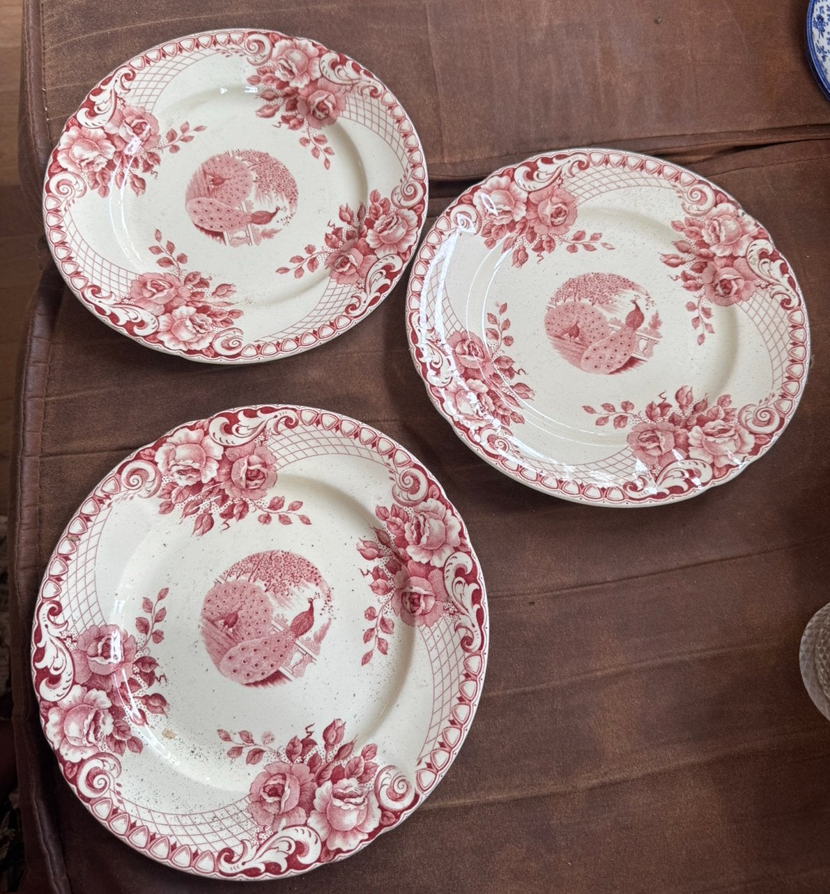 Brocante ontbijtborden roze/rood Peacock -Société Céramique, Antiek en Kunst, Ophalen of Verzenden