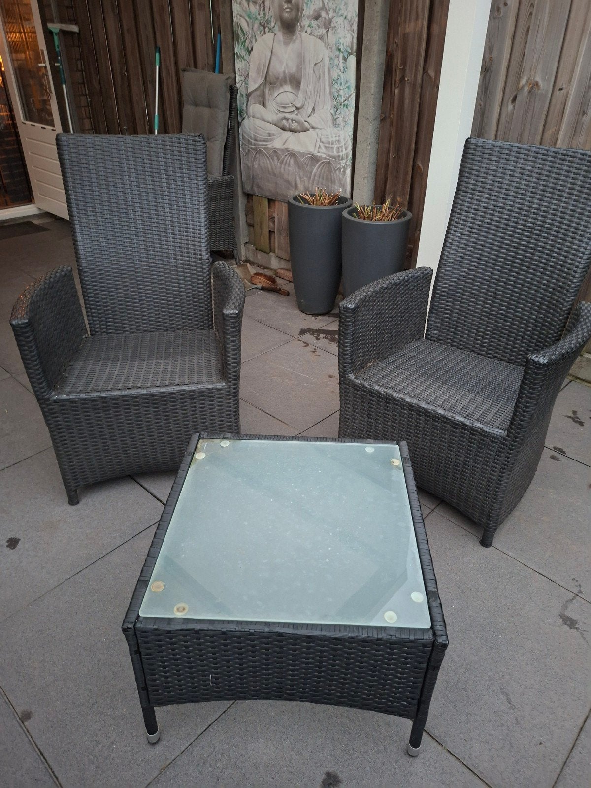 Wicker tuinset met twee stoelen en bijzettafel, Tuin en Terras, Gebruikt, Bijzettafel, Wicker, Tuinset