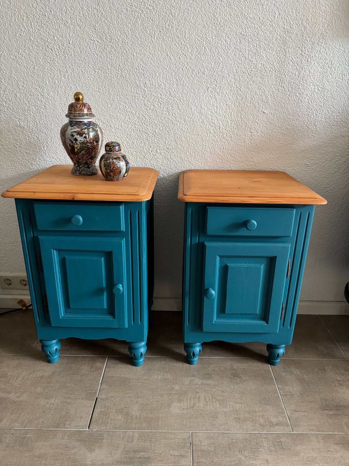 Set van 2 prachtig opgeknapte houten kastjes - Petrol, Ophalen, K, Zo goed als nieuw, K