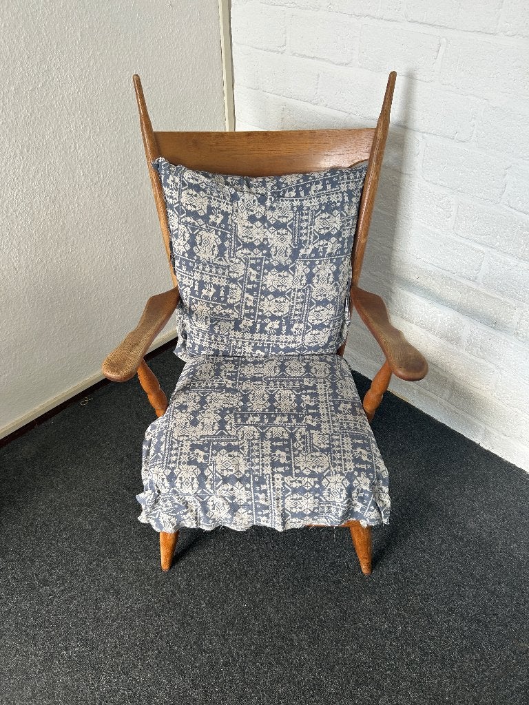 Vintage houten fauteuil met kussen, Ophalen, Gebruikt, Bruin, Vintage, Retro