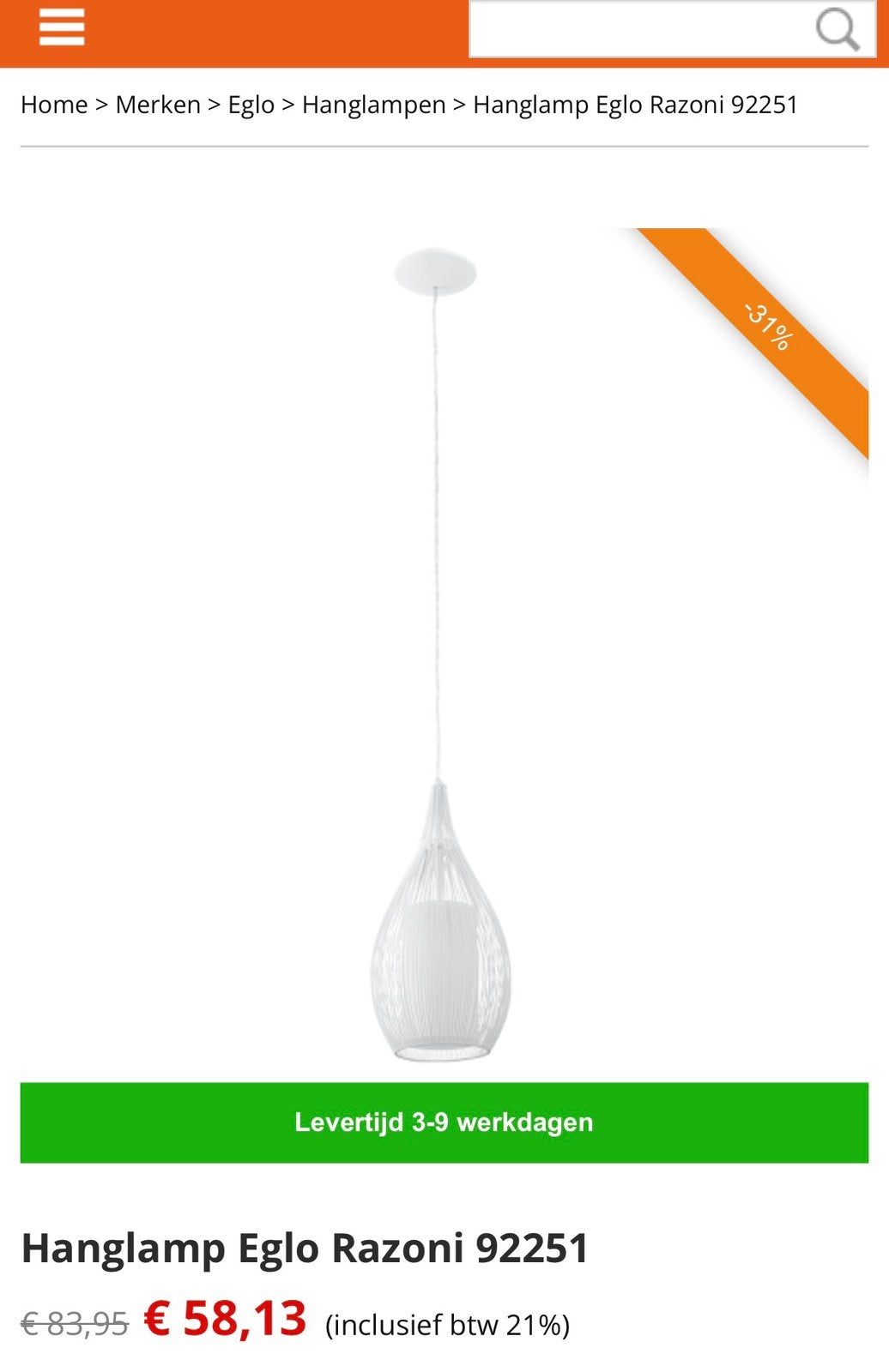 Eglo hanglamp Model Razoni - Nieuw in doos, Huis en Inrichting, Lampen | Hanglampen, Ophalen of Verzenden, Nieuw, Metaal, Minder dan 50 cm