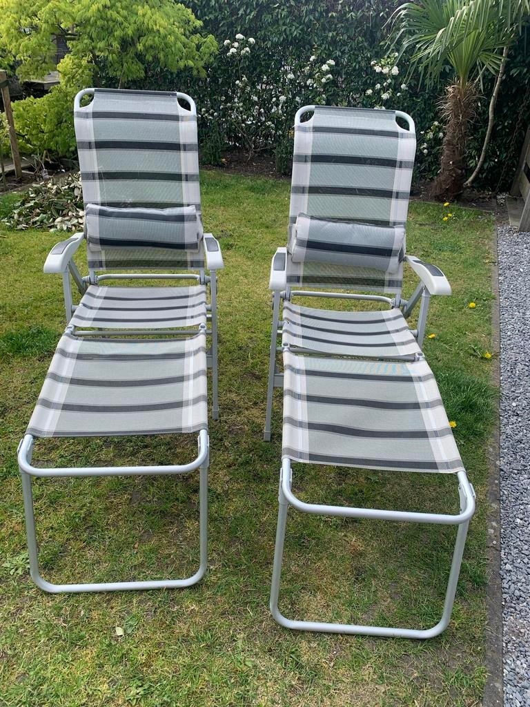 Twee verstelbare ligstoelen, Tuin en Terras, Tuinstoelen, Gebruikt, Aluminium, Verstelbaar, Ophalen