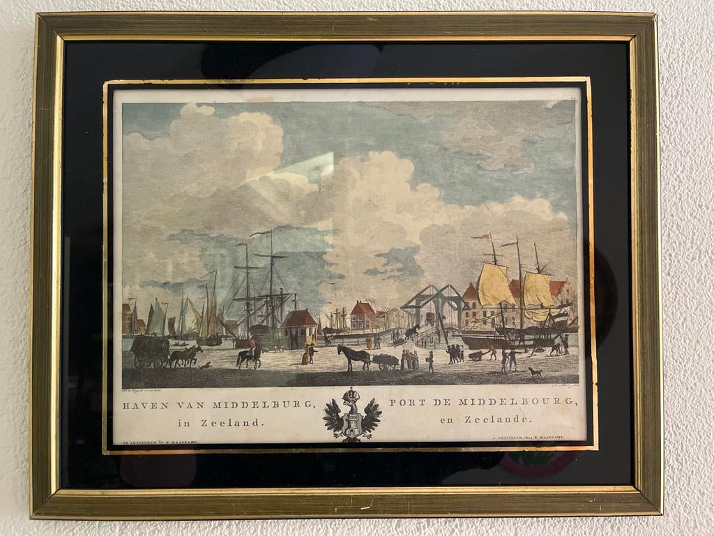 Ingelijste prent / Ets Haven van Middelburg in Zeeland, Antiek en Kunst, Ophalen