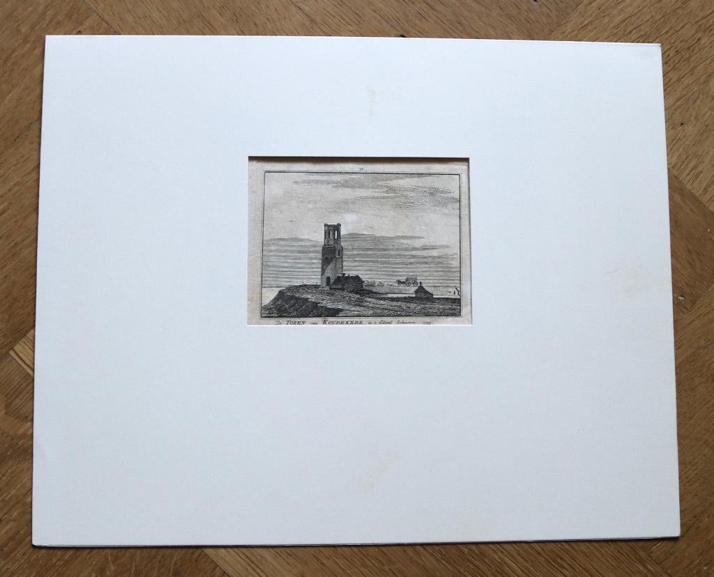 Antieke prent De Toren van Koudekerk 1743, Ophalen, Architectuur, 1600 - 1699, 10 cm