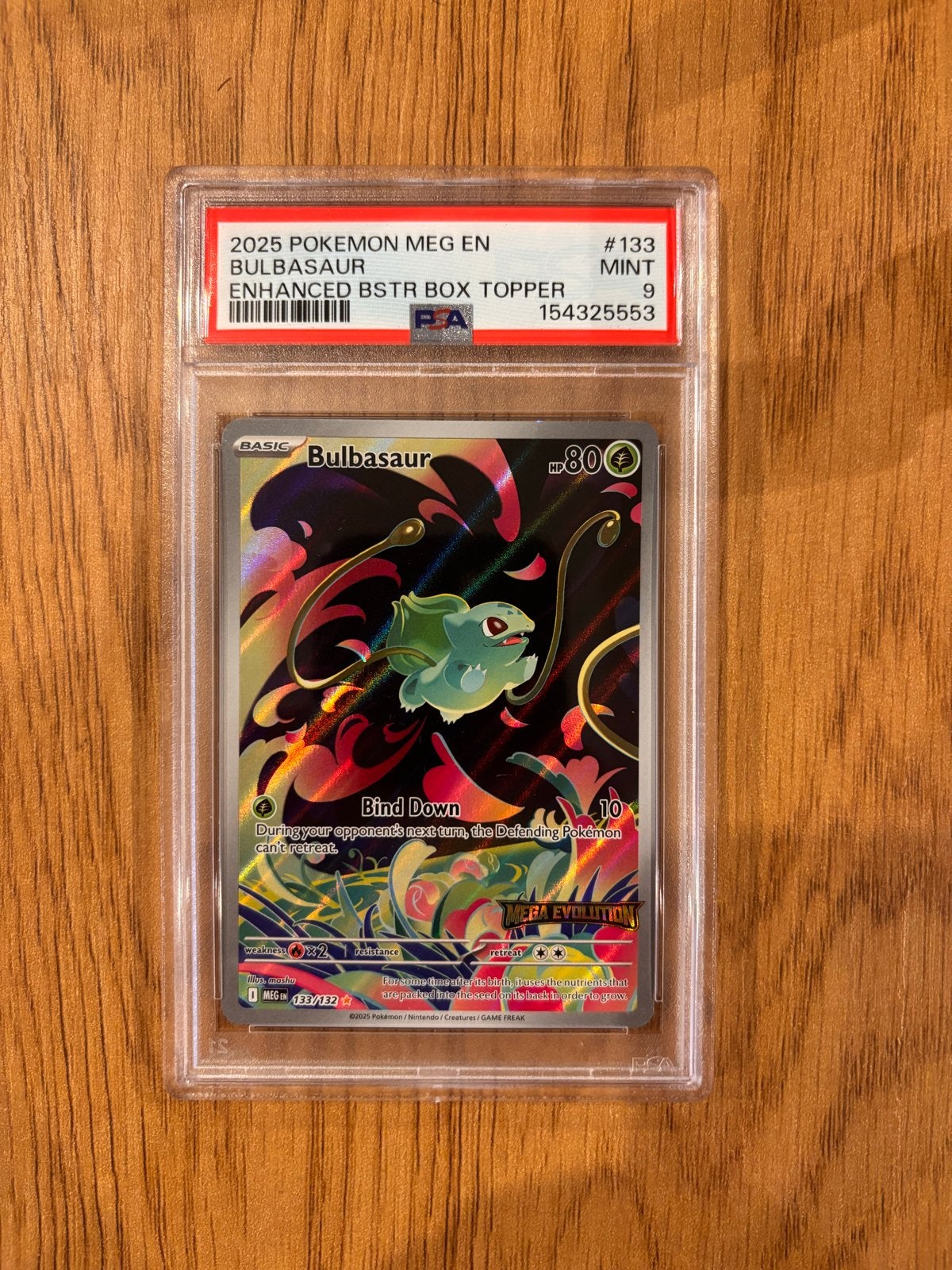 PSA 9 Bulbasaur Enhanced Booster Box Topper Mega Evolution, Ophalen of Verzenden, Nieuw, Losse kaart