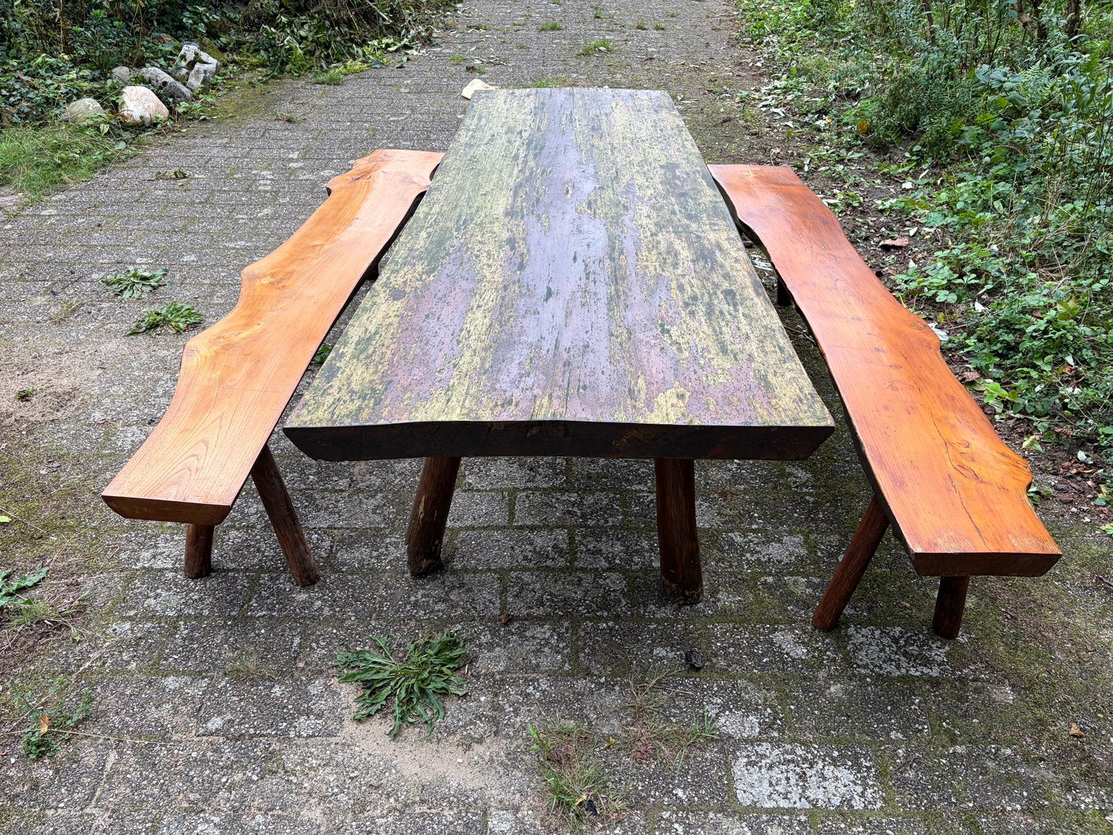 Live edge 6 persoons boomstam tuinset (opknapper), Ophalen, Gebruikt, Rechthoekig, Hout