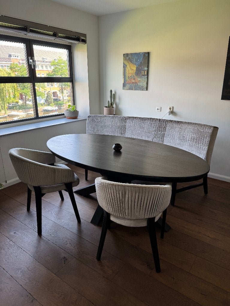 Oval eettafel - full dining set - 5 persoonen (custom made), Ophalen, 100 tot 150 cm, 200 cm of meer, Zo goed als nieuw