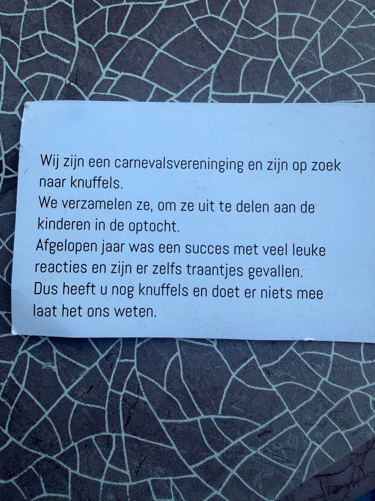 Knuffels gezocht voor carnavalsoptocht - 20 cent per knuffel, Ophalen, Gebruikt, Overige merken, Overige karakters