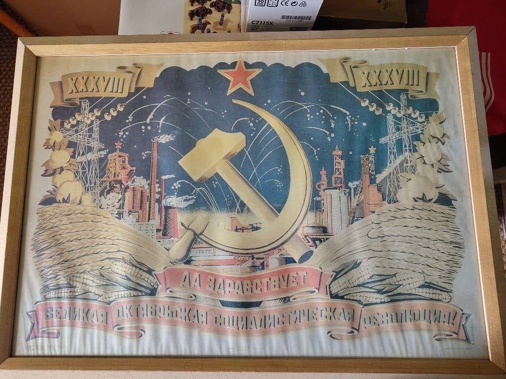 Grote poster Sovjet-Unie in houten lijst, Gebruikt, Met lijst, Rechthoekig Liggend, Ophalen of Verzenden