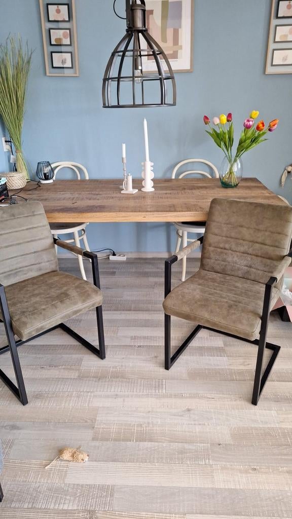 Mango houten tafel + 2 stoelen + lamp, Ophalen, Gebruikt, 200 cm of meer, 50 tot 100 cm