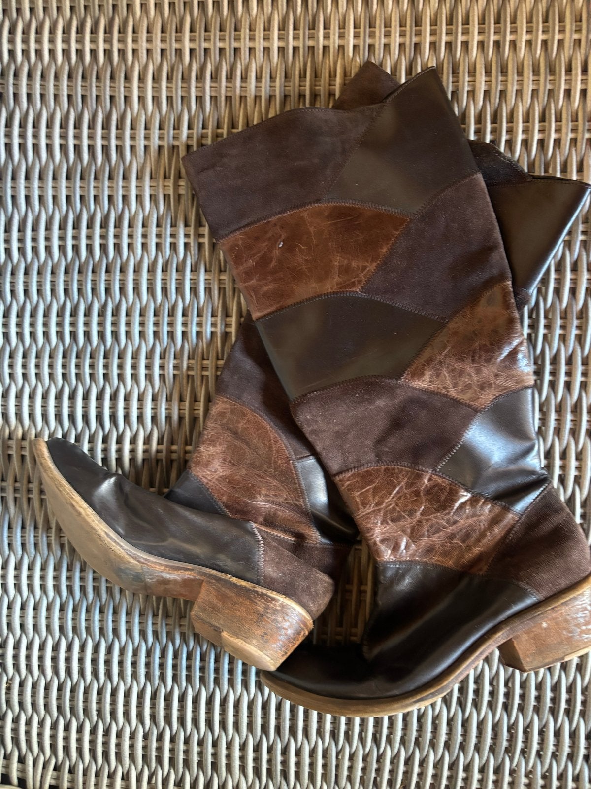 Tango Vintage bruine laarzen met patchwork design, maat 38, Ophalen of Verzenden, Gedragen, Bruin, Hoge laarzen