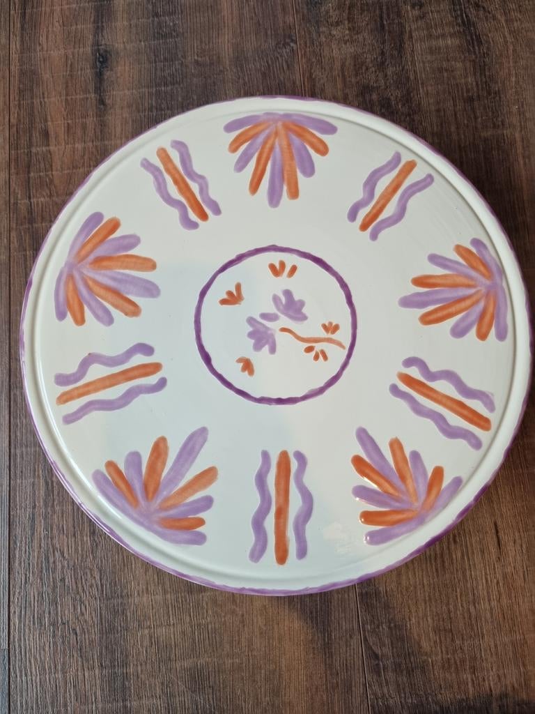 Taartplateau met paarse en oranje versiering, Ophalen of Verzenden, Glas, Overige stijlen