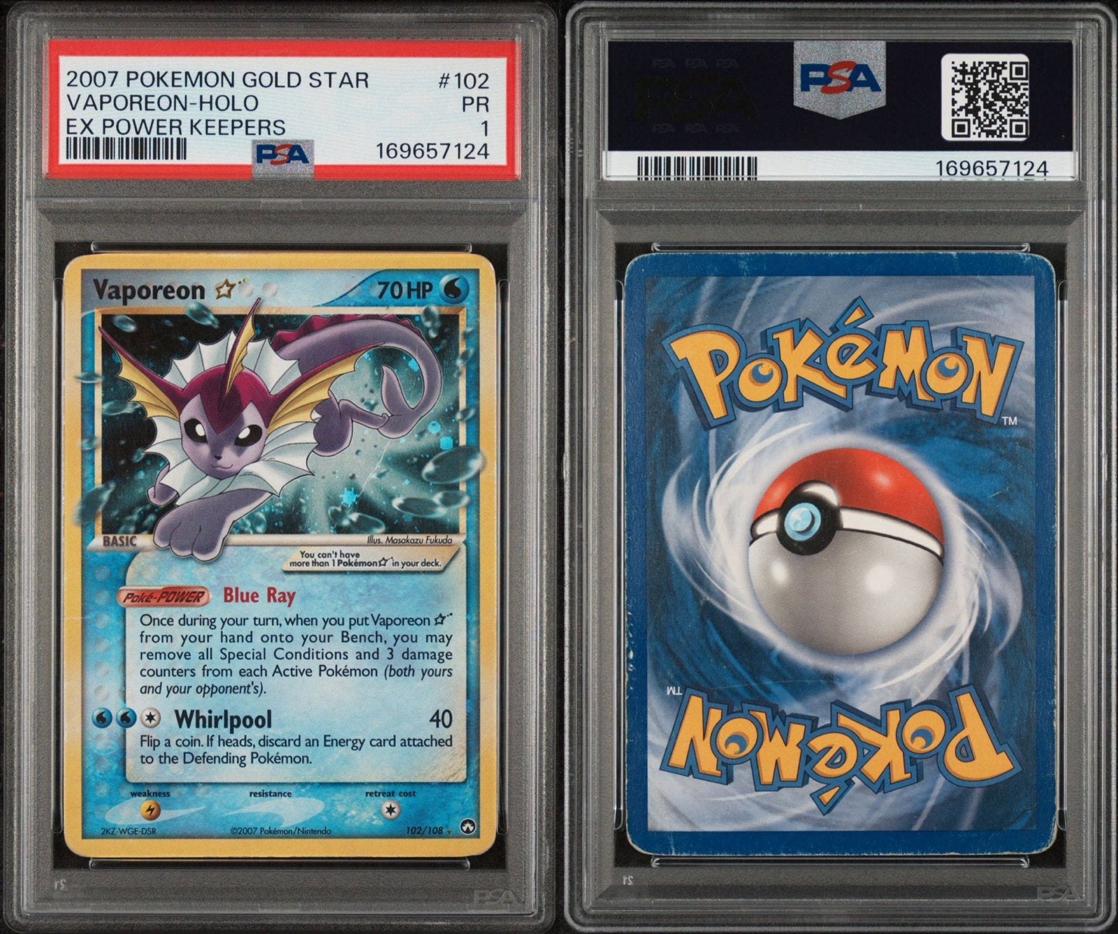 2007 Pokémon Gold Star Vaporeon-Holo EX Power Keepers PSA 1, Ophalen of Verzenden, Gebruikt, Losse kaart, Foil
