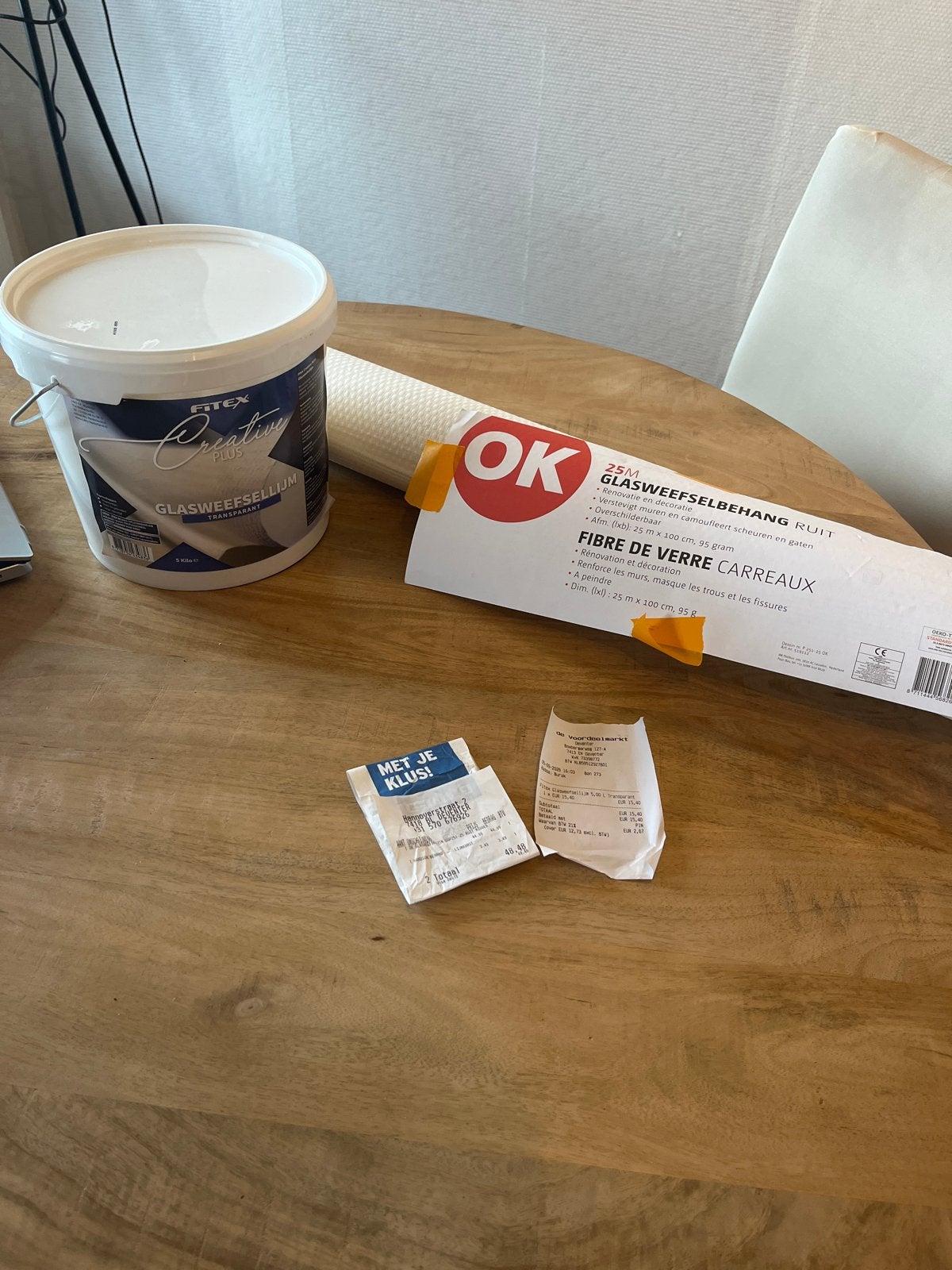 Glasvezelbehang + lijm (15m2 en 3,5KG lijm), Ophalen