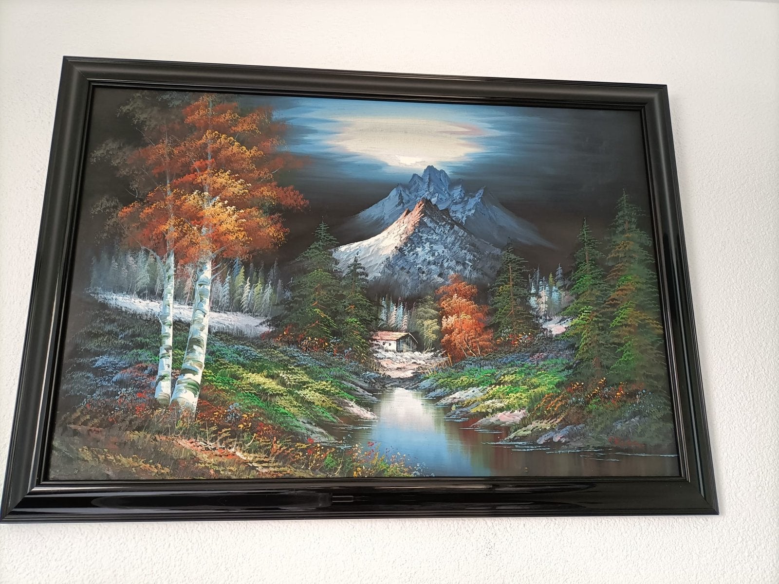Schilderij berglandschap met rivier en huisje, Antiek en Kunst, Doek, Realistisch, Ophalen of Verzenden, Landschap