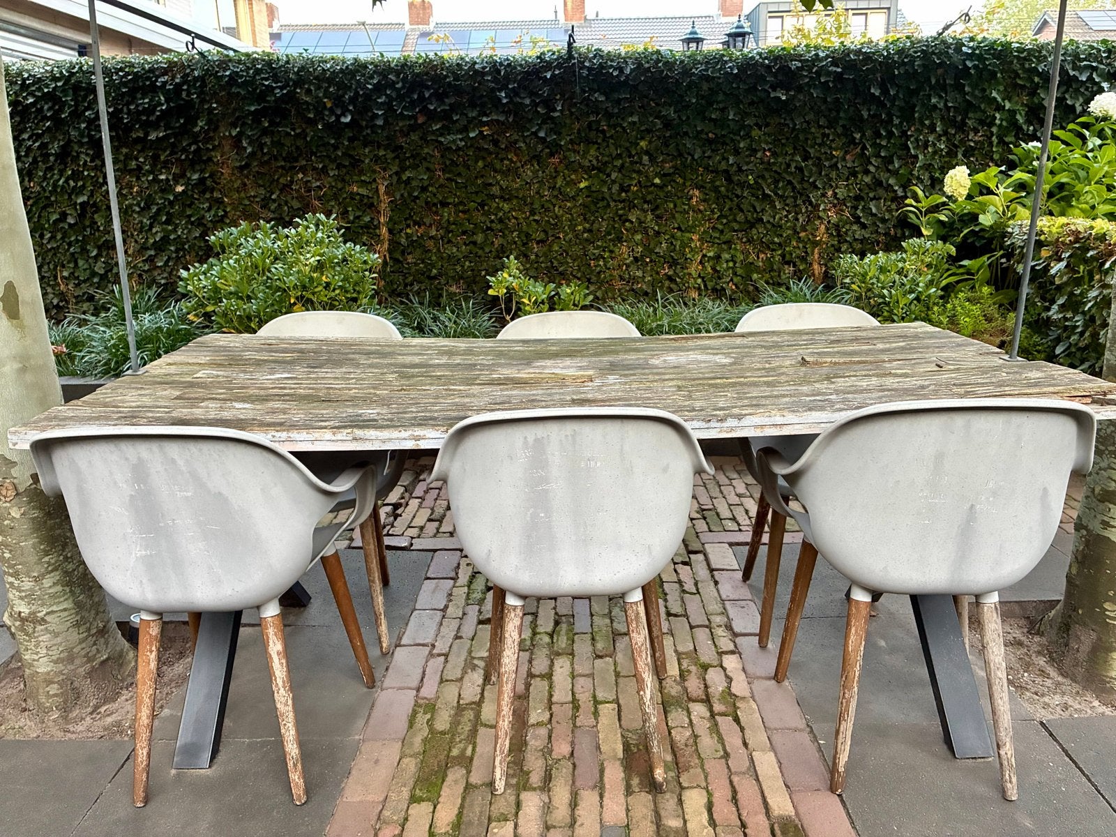 GRATIS: Tuintafel onderstel + 6 stoelen (blad aan vervanging, Ophalen, Gebruikt, Rechthoekig, Metaal