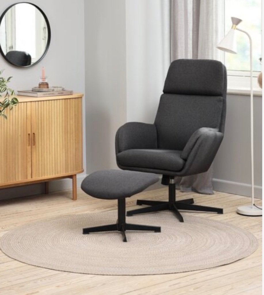Draaistoel Fauteuil TANKEDAL met voetenbank donkergrijs stof, Huis en Inrichting, Fauteuils, Ophalen, 75 tot 100 cm, Zo goed als nieuw