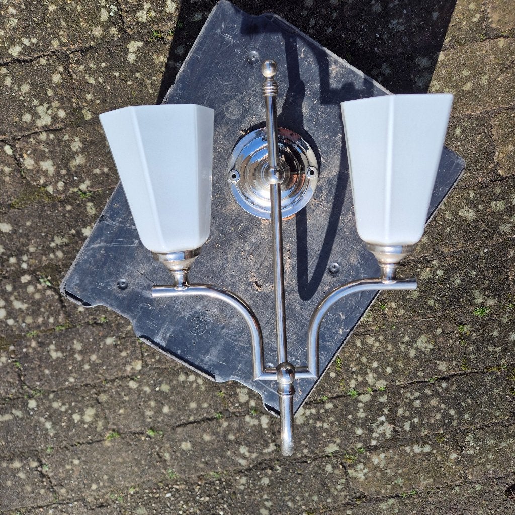 2 prachtige art deco (badkamer) lampen 37cm hoog 26 breed, Ophalen, Glas