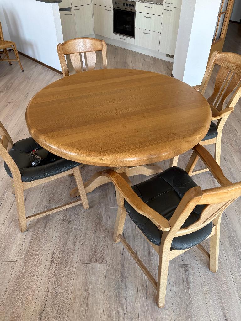 Ronde houten tafel met 4 stoelen, Huis en Inrichting, Tafels | Salontafels, Ophalen, Gebruikt, 50 tot 100 cm, Rond