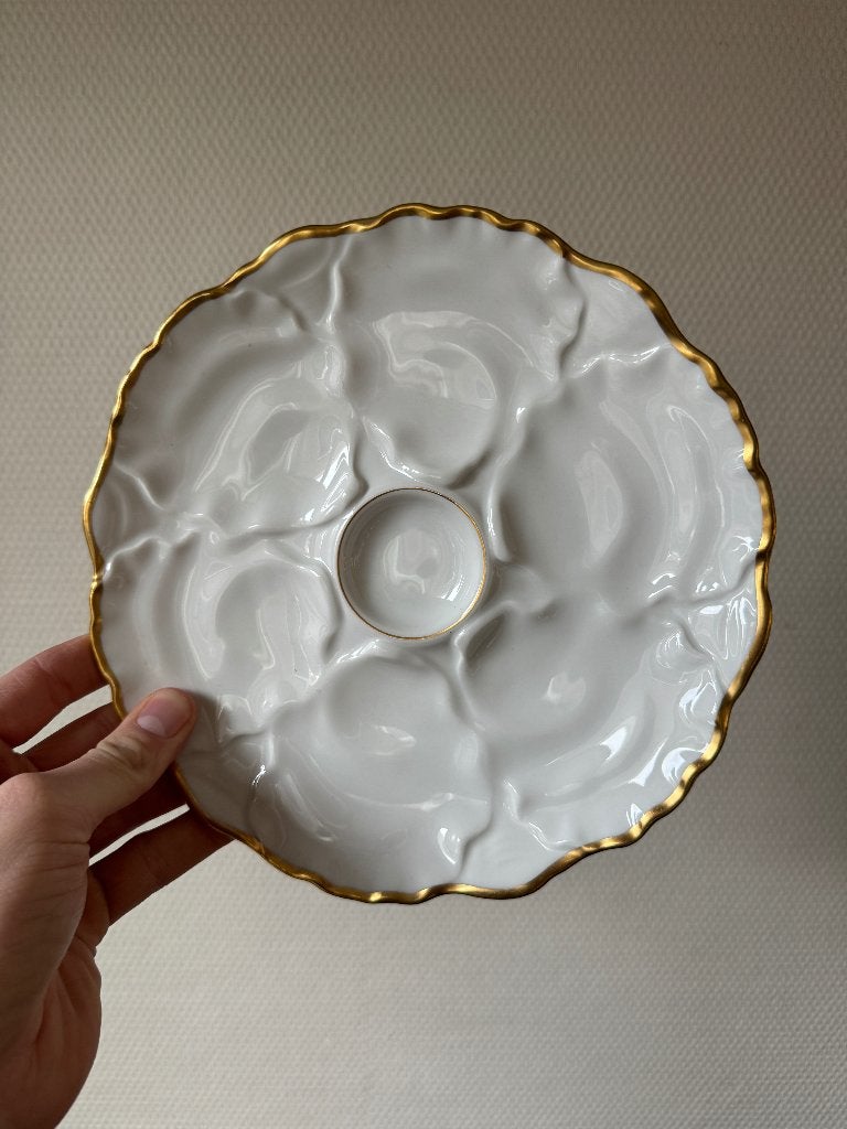 Antieke Vintage Wit Porseleinen Oesterbord, Goud Verguld, Ophalen of Verzenden, Zo goed als nieuw, Bord(en), Overige stijlen