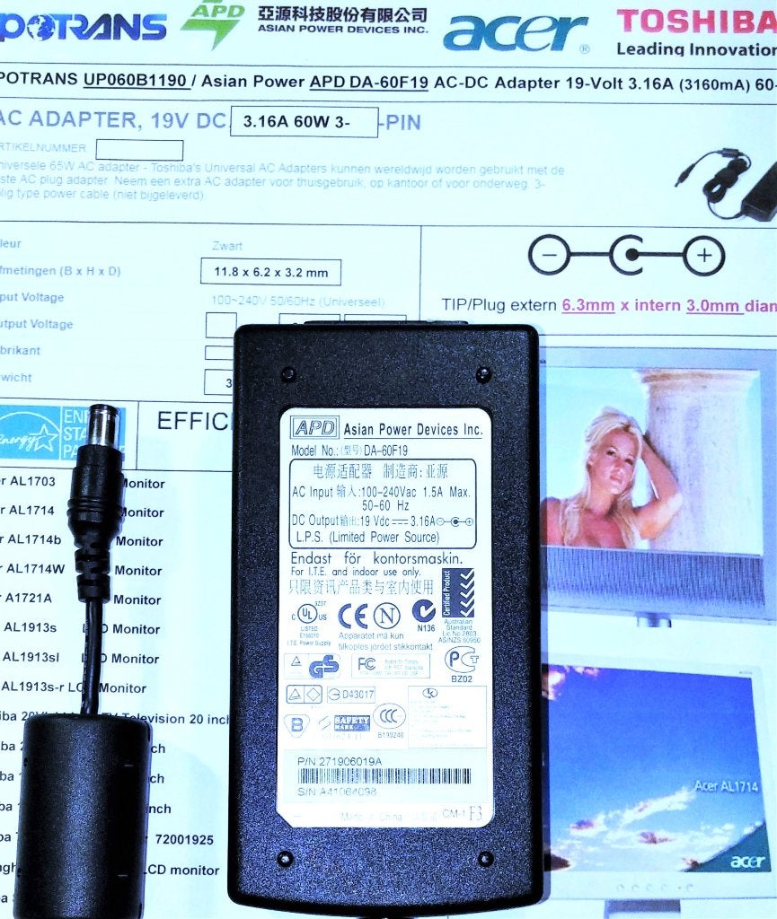 APD DA-60F19 19V 3.16A 60W AC Adapter 6.3x3.0mm UP060B1190, Ophalen of Verzenden, Zo goed als nieuw