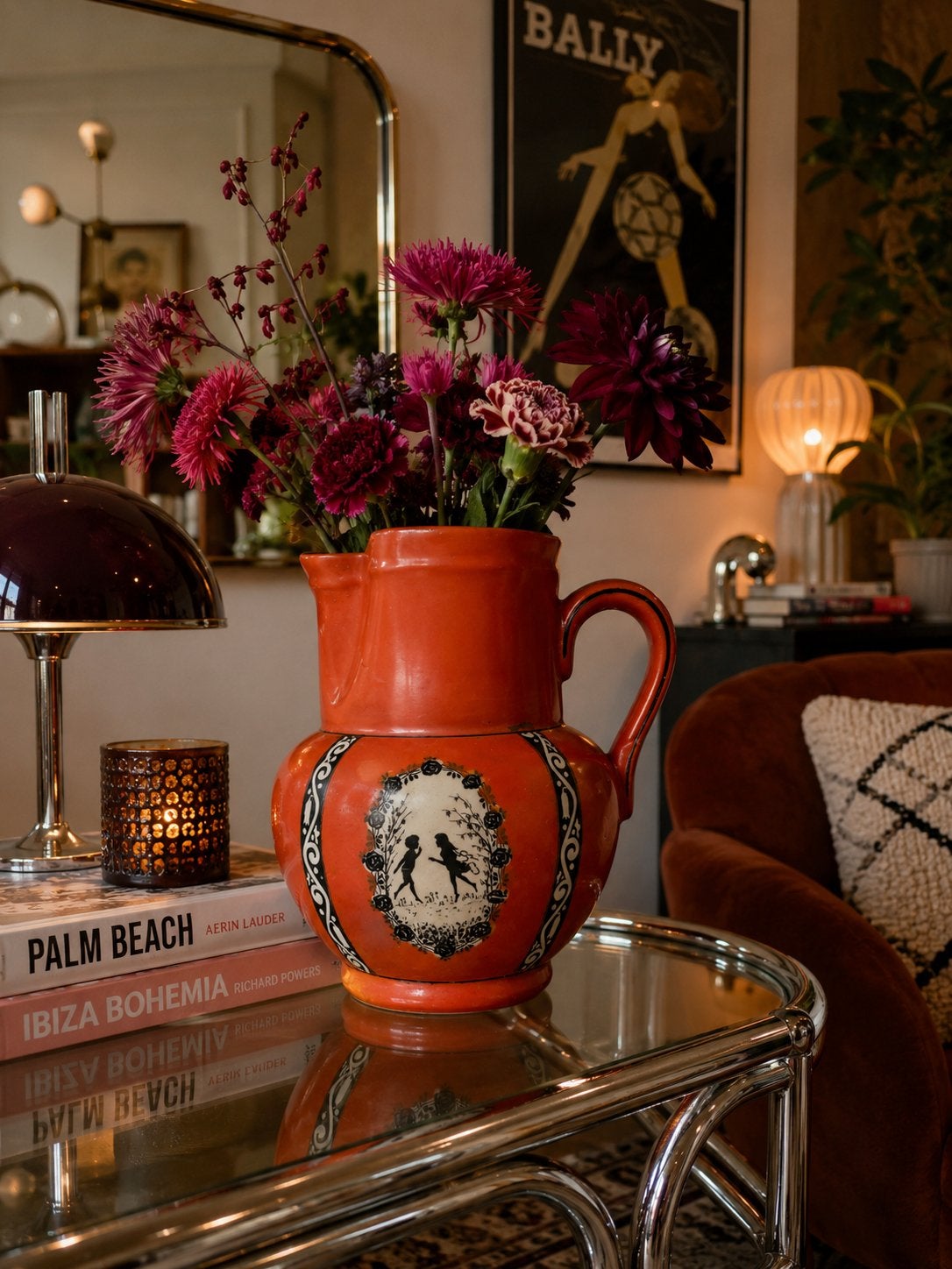 Vintage Keramieken Schenkkan Oranjerood met Romantisch Decor, Antiek en Kunst, Antiek | Keramiek en Aardewerk, Ophalen of Verzenden