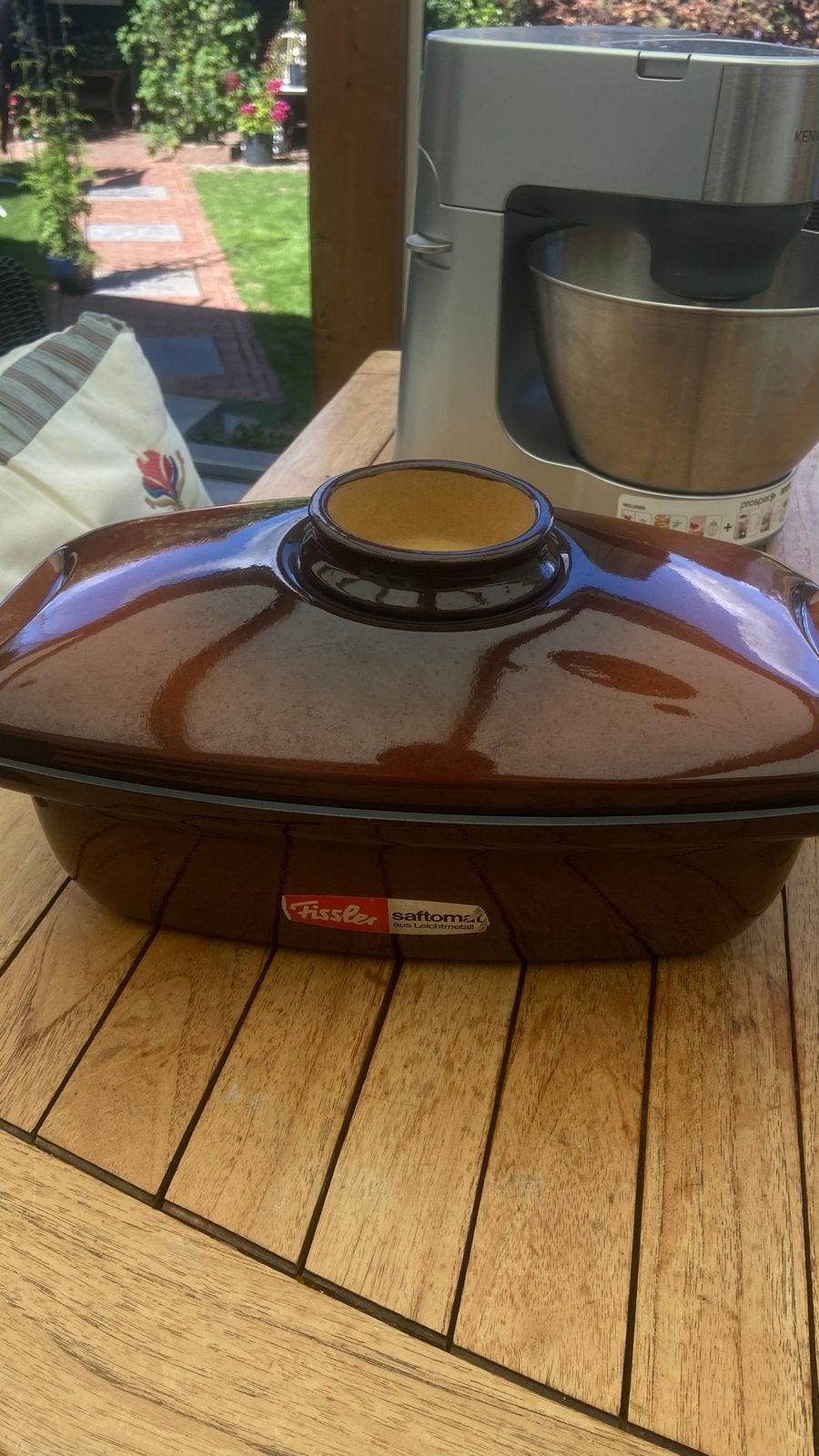 Fissler Saftomat Braadpan met rooster en deksel, Huis en Inrichting, Overige materialen, Gebruikt, Braadpan, Met deksel