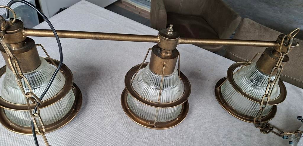 Vintage industriële hanglamp met 3 glazen kappen, Ophalen, Gebruikt, Glas, Industrieel, Vintage
