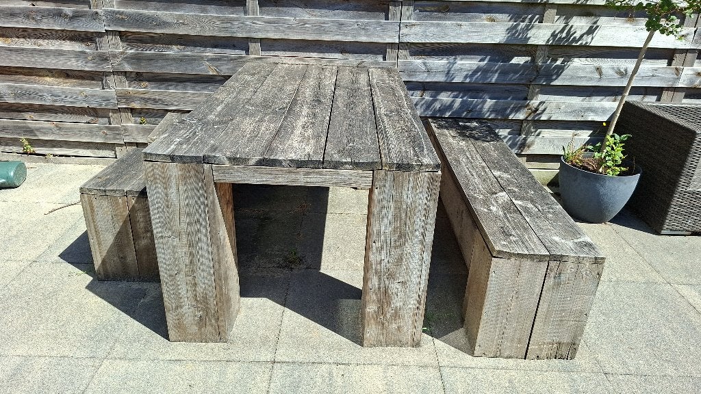 Gratis af te halen: steigerhout tuinset, Tuin en Terras, Tuinsets en Loungesets, Ophalen, 5 zitplaatsen, Gebruikt, Steigerhout