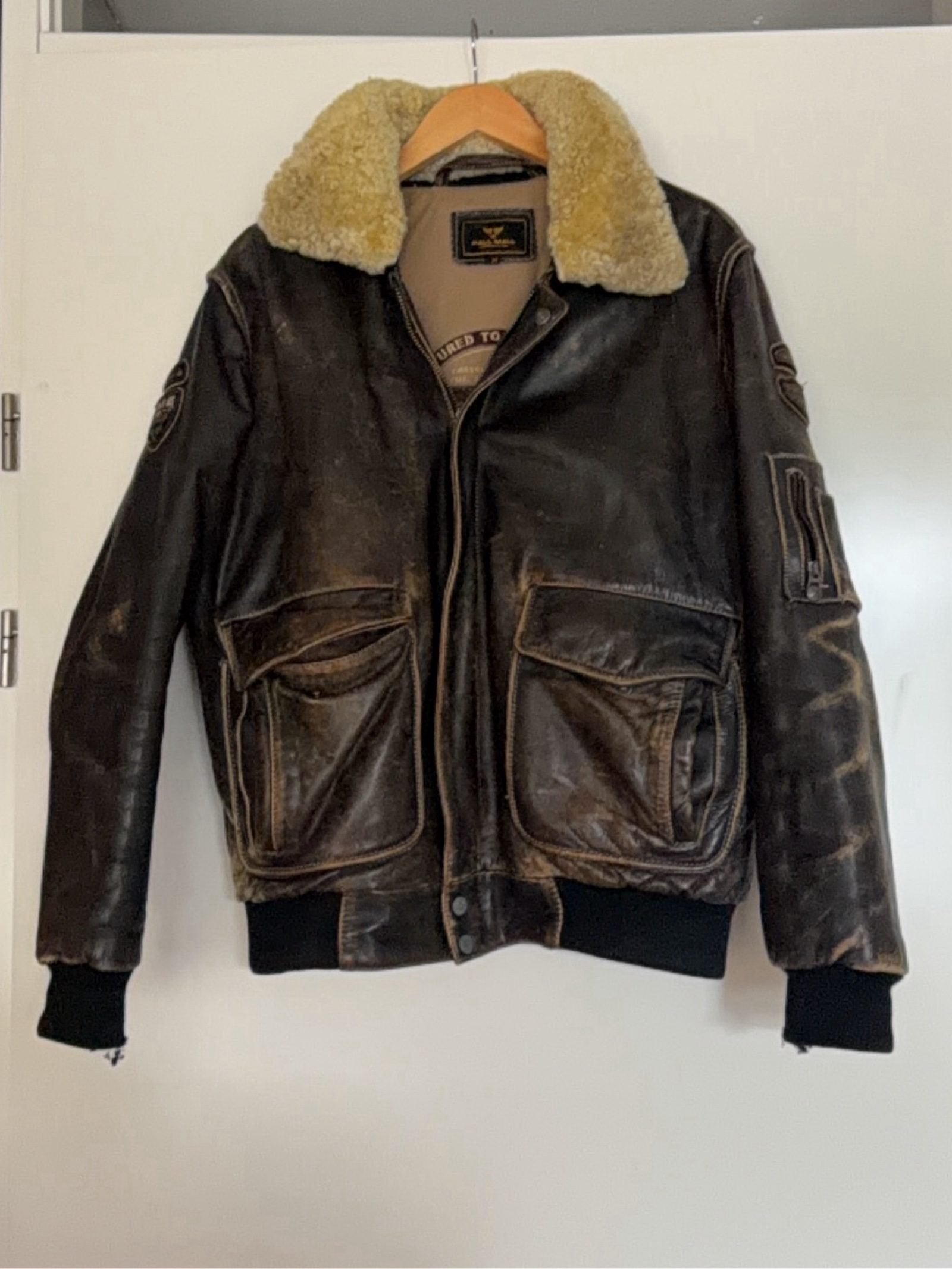 Pall Mall Bruine Leren Vliegtuigjas M met Schapenvachtkraag, Maat 48/50 (M), Beige, Pall Mall, Ophalen of Verzenden
