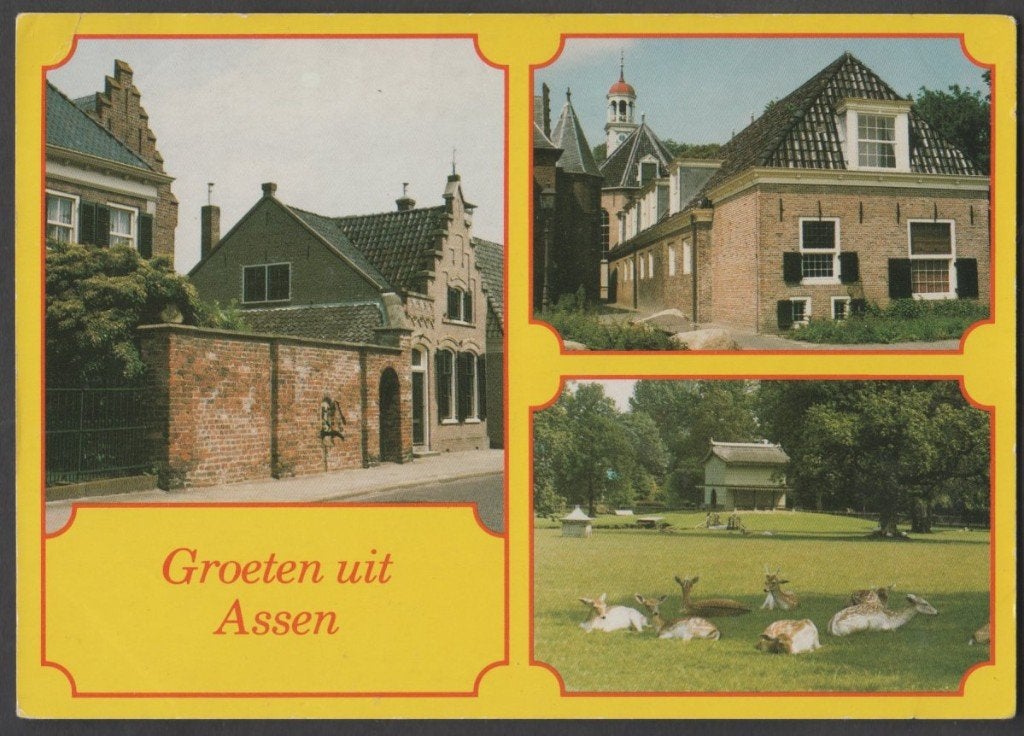 Assen 3 luik met Hertenkamp Herten Gelopen 1980 m. zegel, Verzenden, 1980 tot heden, Gelopen, Drenthe
