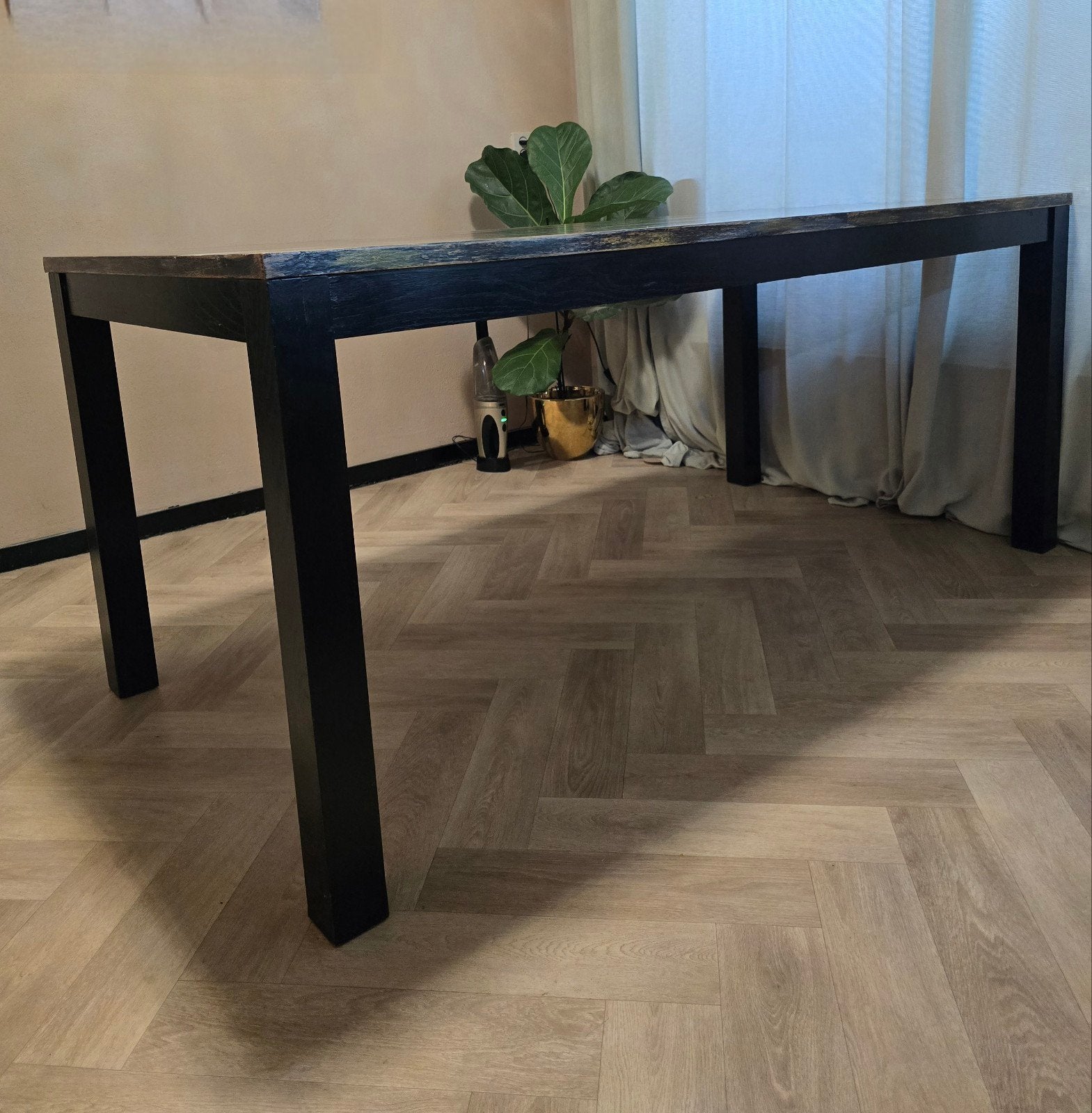 Houten eettafel 180x90 cm - Zwart met kleurrijke top, Gebruikt, Vijf personen of meer, 150 tot 200 cm, Rechthoekig