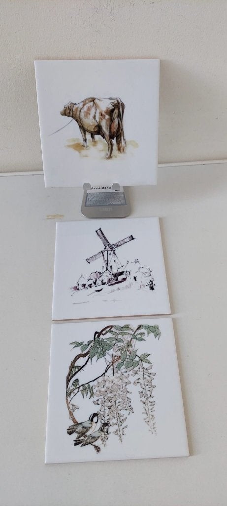 3 Sier tegels – Koe, Windmolen & Japanse Wisteria japandi, Nieuw, Minder dan 20 cm, Minder dan 5 m², Wandtegels