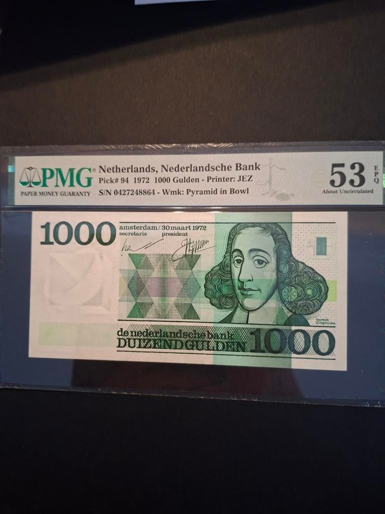 1000 gulden Spinoza uit 1972 in AUNC Gekeurd 53, Postzegels en Munten, Bankbiljetten | Nederland, Ophalen of Verzenden, 1000 gulden