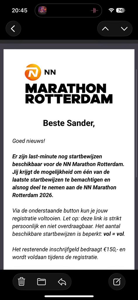Inschrijflink marathon Rotterdam, Sport en Fitness, Loopsport en Atletiek, Ophalen of Verzenden, Nieuw, Overige typen, Overige merken