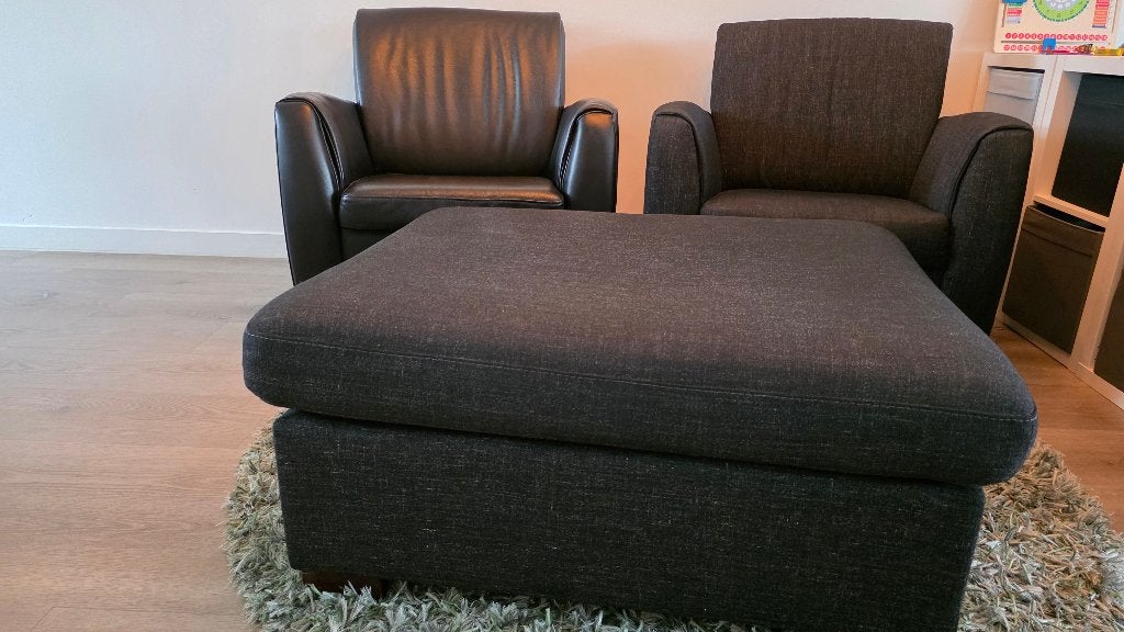 Henders en Hazel fauteuils leer en stof, met poef, Ophalen, Gebruikt, Minder dan 75 cm, Leer