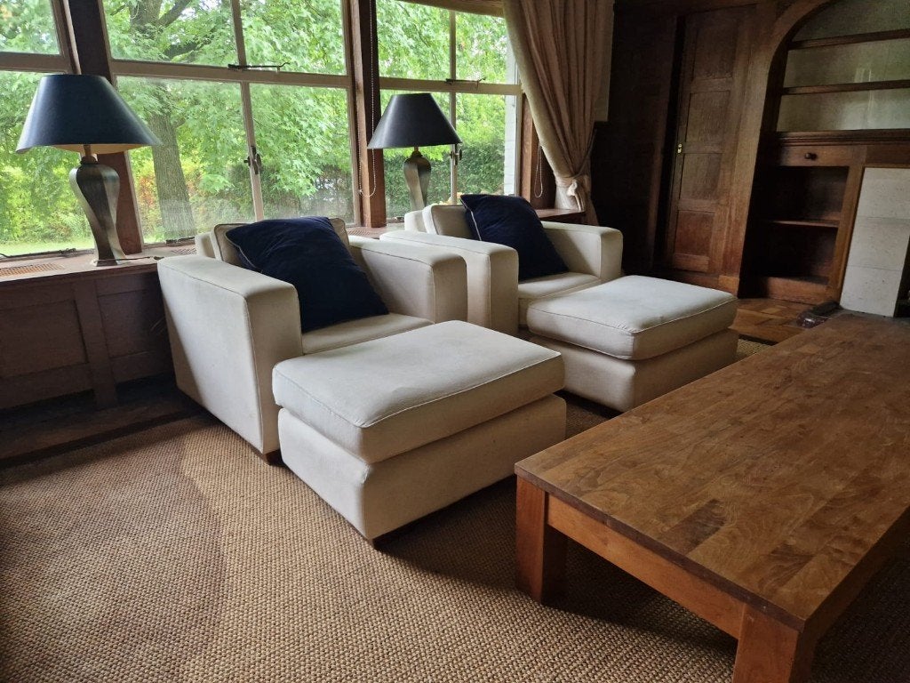 Complete luxe woonkamerinrichting – banken, fauteuils, tafel, Ophalen, Gebruikt, Meerkleurig, Overige materialen