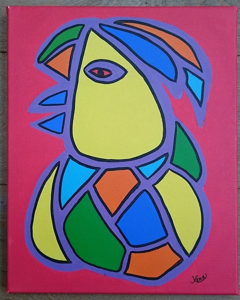 Xena - Kleurenvogel - origineel op canvas 40 x 50 cm, Ophalen of Verzenden, Overige materialen, Gesigneerd, Figuren