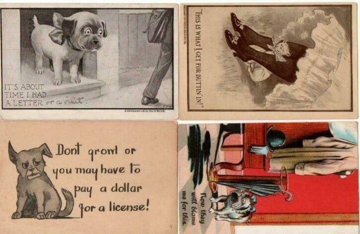 4 Oude geillustreerde ansichtkaarten honden, U.S.A, Ophalen of Verzenden, Gelopen, Hond of Kat