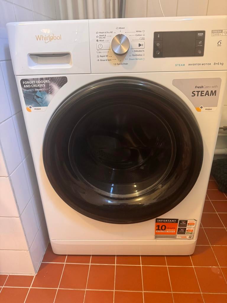 Whirlpool Wasmachine + Droger (8/6 kg) FreshCare Steam, 8 tot 10 kg, Ophalen, Gebruikt, 85 tot 90 cm