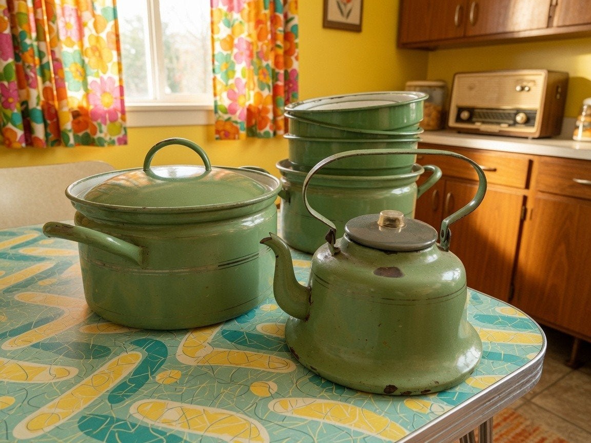 Set van groene emaille schalen, potten en ketel, Ophalen of Verzenden
