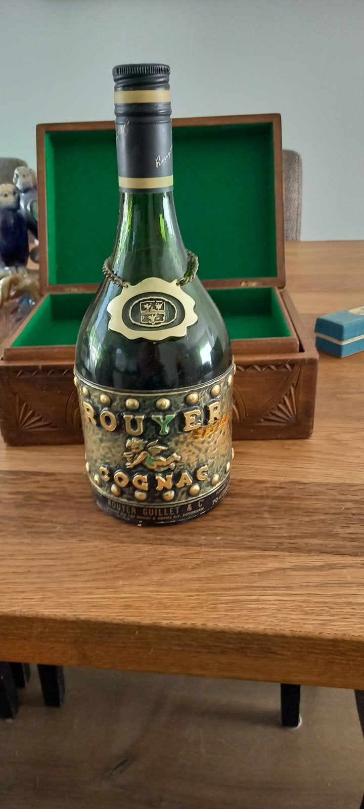 Vintage Rouyer Cognac Fles met Metalen look Omhulsel, Ophalen of Verzenden